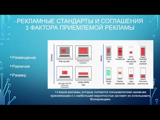 РЕКЛАМНЫЕ СТАНДАРТЫ И СОГЛАШЕНИЯ 3 ФАКТОРА ПРИЕМЛЕМОЙ РЕКЛАМЫ Размещение Различие Размер 12