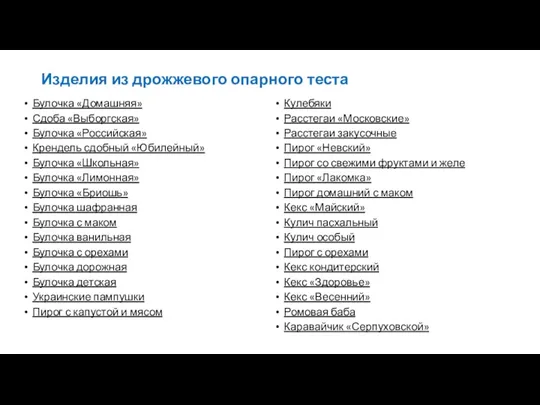 Изделия из дрожжевого опарного теста Булочка «Домашняя» Сдоба «Выборгская» Булочка «Российская» Крендель