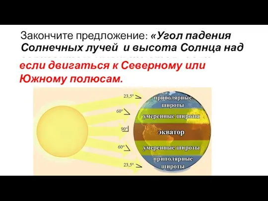 Закончите предложение: «Угол падения Солнечных лучей и высота Солнца над горизонтом уменьшаются