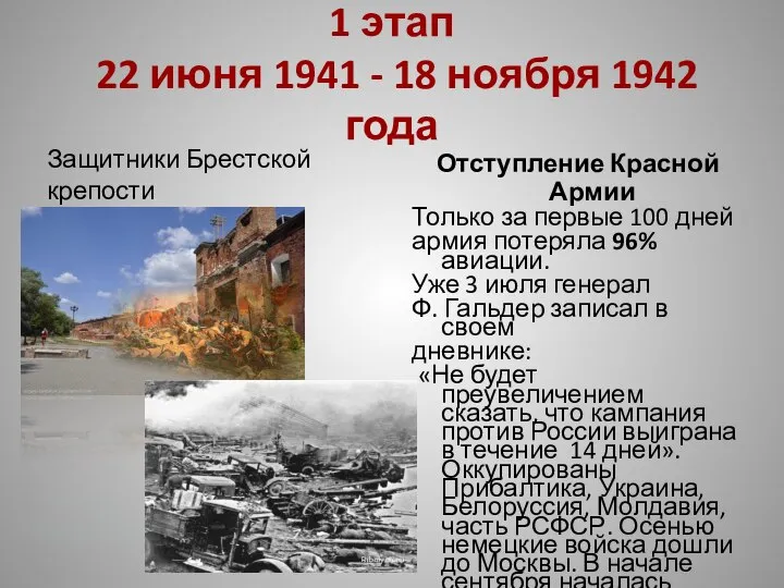 1 этап 22 июня 1941 - 18 ноября 1942 года Защитники Брестской