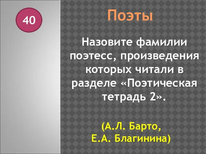 Поэты 40 Назовите фамилии поэтесс, произведения которых читали в разделе «Поэтическая тетрадь