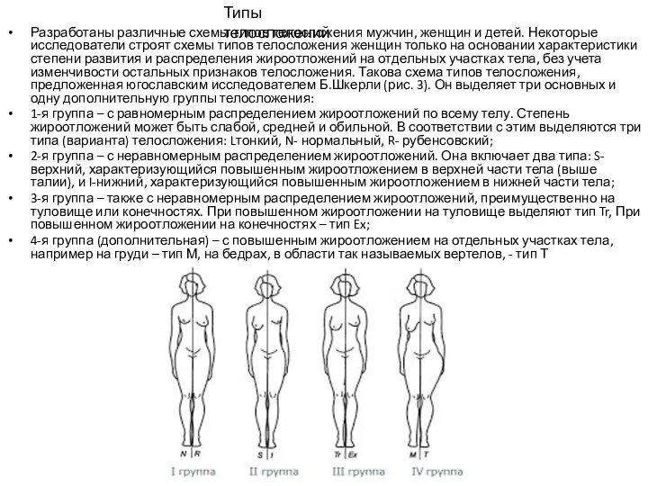 Разработаны различные схемы типов телосложения мужчин, женщин и детей. Некоторые исследователи строят