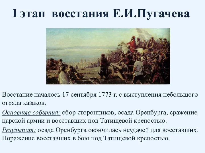 I этап восстания Е.И.Пугачева Восстание началось 17 сентября 1773 г. с выступления