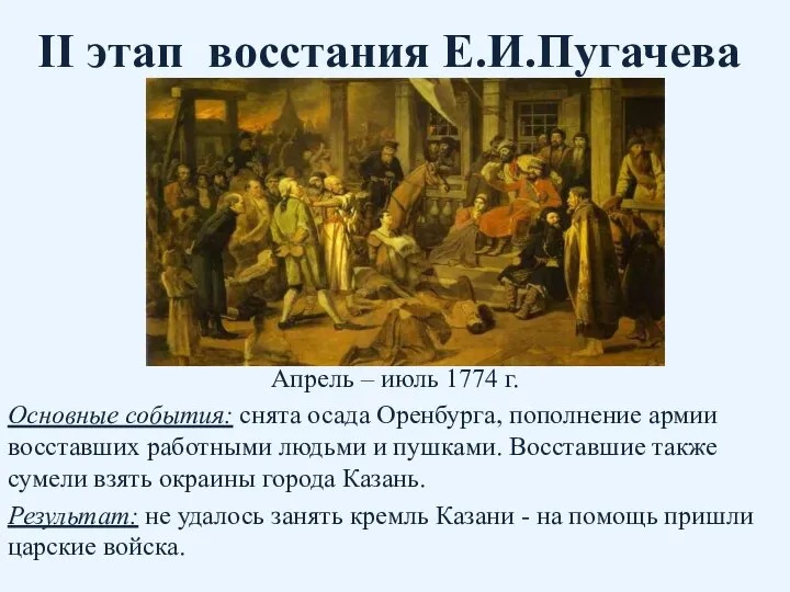 II этап восстания Е.И.Пугачева Апрель – июль 1774 г. Основные события: снята