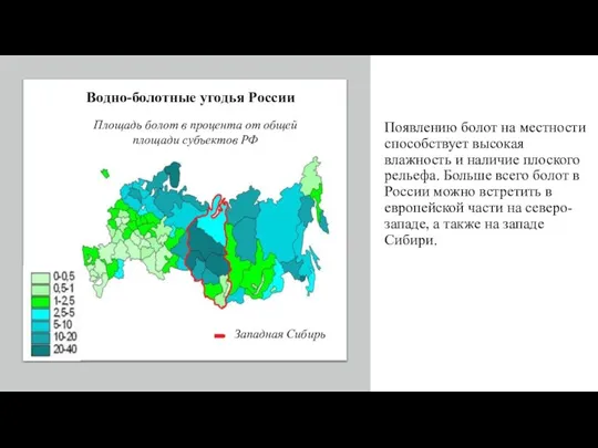Водно-болотные угодья России Западная Сибирь Появлению болот на местности способствует высокая влажность