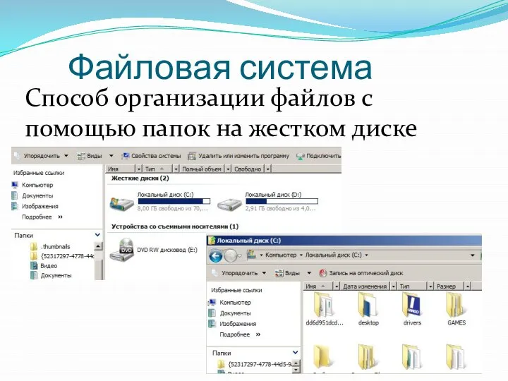 Файловая система Способ организации файлов с помощью папок на жестком диске