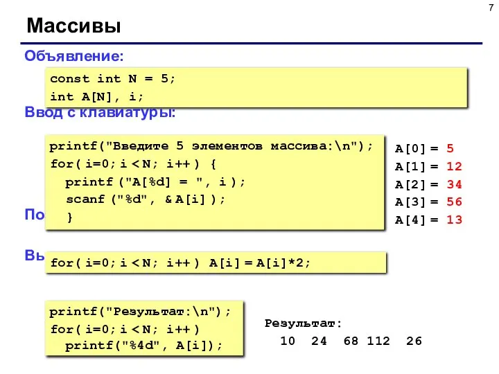 Массивы Объявление: Ввод с клавиатуры: Поэлементные операции: Вывод на экран: const int