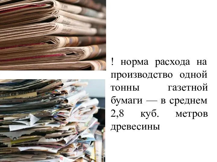 ! норма расхода на производство одной тонны газетной бумаги — в среднем 2,8 куб. метров древесины