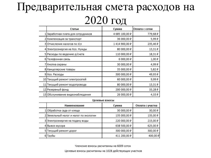 Предварительная смета расходов на 2020 год