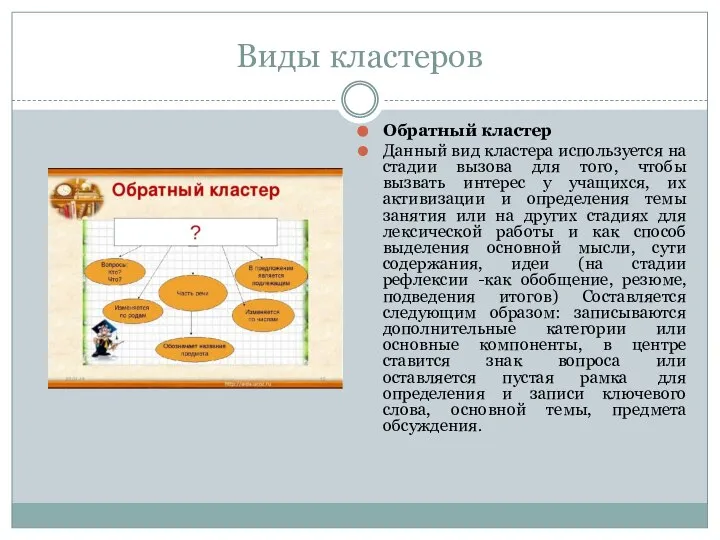 Виды кластеров Обратный кластер Данный вид кластера используется на стадии вызова для