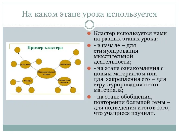 На каком этапе урока используется Кластер используется нами на разных этапах урока: