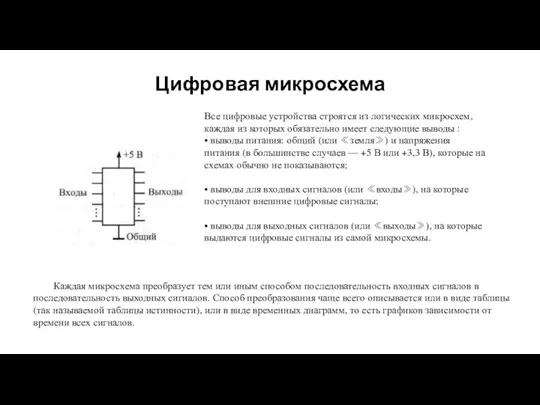 Цифровая микросхема Все цифровые устройства строятся из логических микросхем, каждая из которых