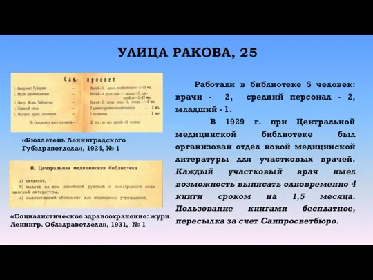 УЛИЦА РАКОВА, 25 Работали в библиотеке 5 человек: врачи - 2, средний