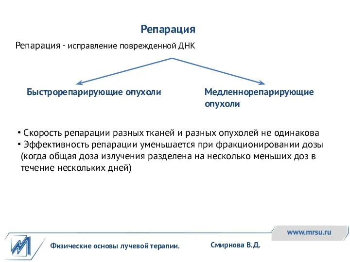 Физические основы лучевой терапии. Смирнова В.Д. Репарация Быстрорепарирующие опухоли Медленнорепарирующие опухоли Репарация