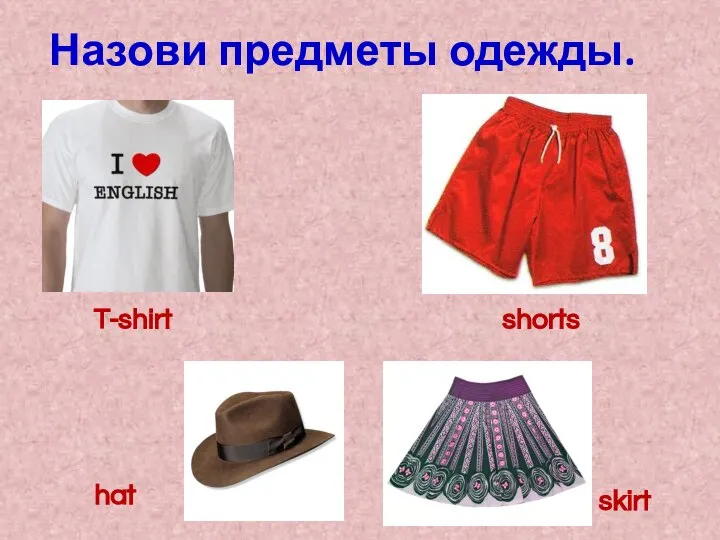 Назови предметы одежды. T-shirt shorts hat skirt