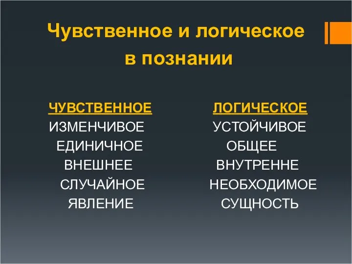 Чувственное и логическое в познании ЧУВСТВЕННОЕ ЛОГИЧЕСКОЕ ИЗМЕНЧИВОЕ УСТОЙЧИВОЕ ЕДИНИЧНОЕ ОБЩЕЕ ВНЕШНЕЕ