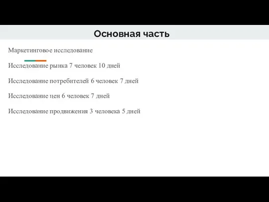 Основная часть Маркетинговое исследование Исследование рынка 7 человек 10 дней Исследование потребителей