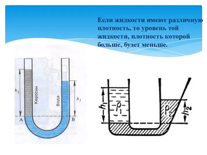 Если жидкости имеют различную плотность, то уровень той жидкости, плотность которой больше, будет меньше.