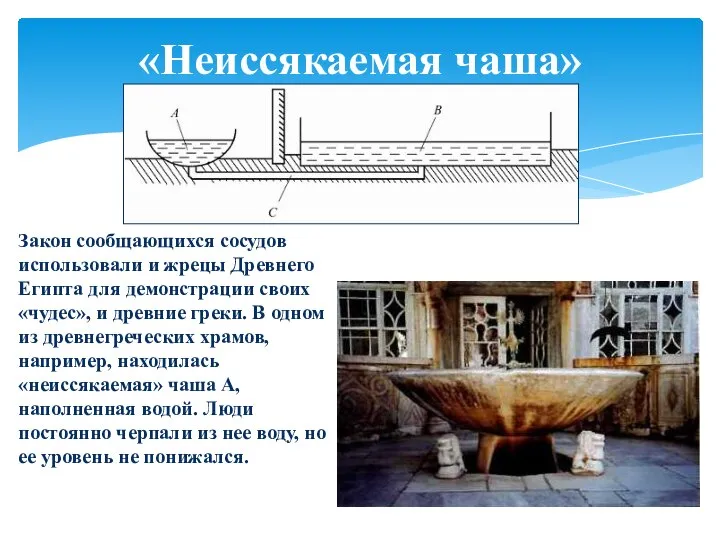 «Неиссякаемая чаша» Закон сообщающихся сосудов использовали и жрецы Древнего Египта для демонстрации