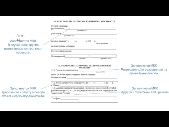 Заполняется МКК Разрешение/не разрешение на проведение похода. Лист 13 Заполняется МКК В