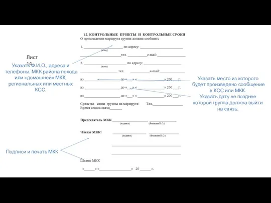 Лист 14 Указать Ф.И.О., адреса и телефоны. МКК района похода или «домашней»