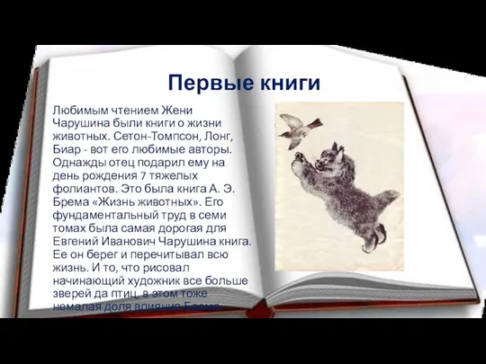 Первые книги Любимым чтением Жени Чарушина были книги о жизни животных. Сетон-Томпсон,
