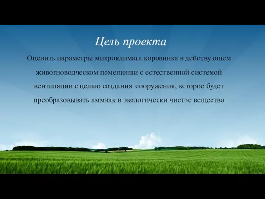 Цель проекта Оценить параметры микроклимата коровника в действующем животноводческом помещении с естественной