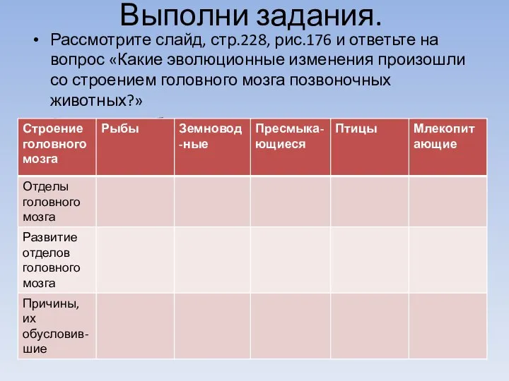 Выполни задания. Рассмотрите слайд, стр.228, рис.176 и ответьте на вопрос «Какие эволюционные