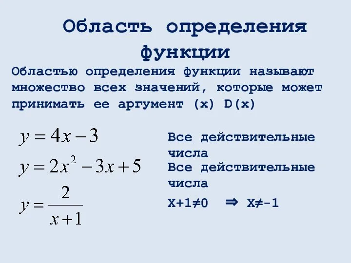 Область определения функции Областью определения функции называют множество всех значений, которые может