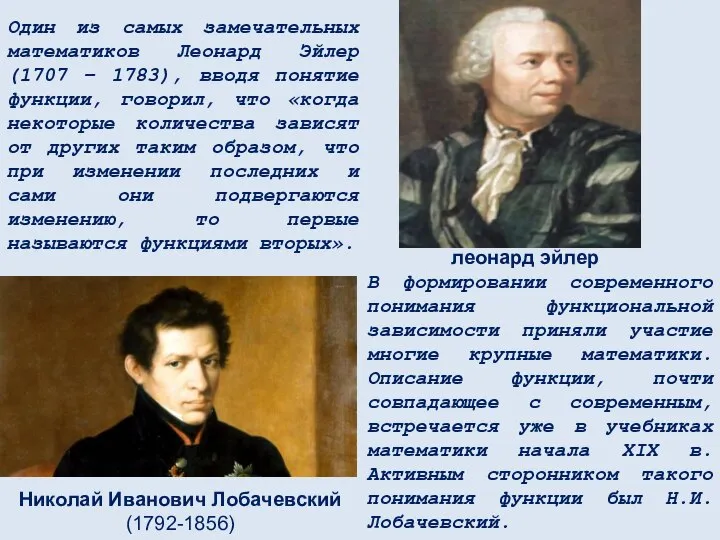 Один из самых замечательных математиков Леонард Эйлер (1707 – 1783), вводя понятие