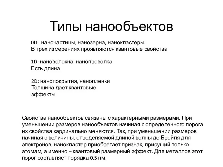 Типы нанообъектов 0D: наночастицы, нанозерна, нанокластеры В трех измерениях проявляются квантовые свойства