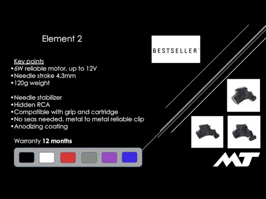 Element 2 Key points 6W reliable motor, up to 12V Needle stroke