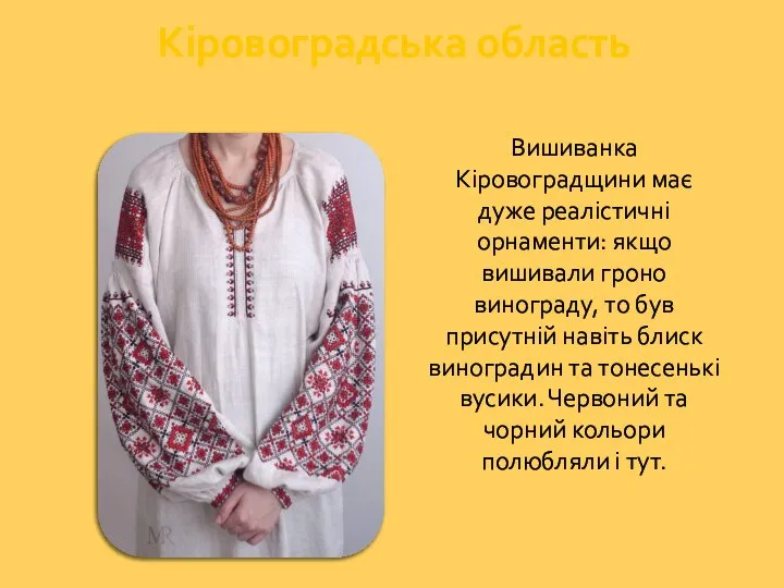 Кіровоградська область‎ Вишиванка Кіровоградщини має дуже реалістичні орнаменти: якщо вишивали гроно винограду,