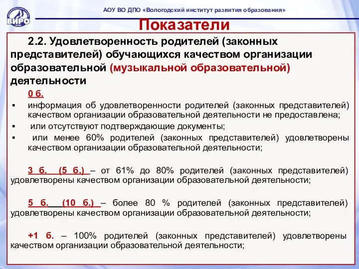 Показатели 2.2. Удовлетворенность родителей (законных представителей) обучающихся качеством организации образовательной (музыкальной образовательной)