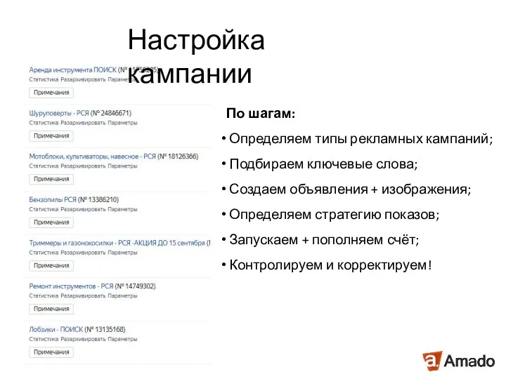 Настройка кампании По шагам: Определяем типы рекламных кампаний; Подбираем ключевые слова; Создаем