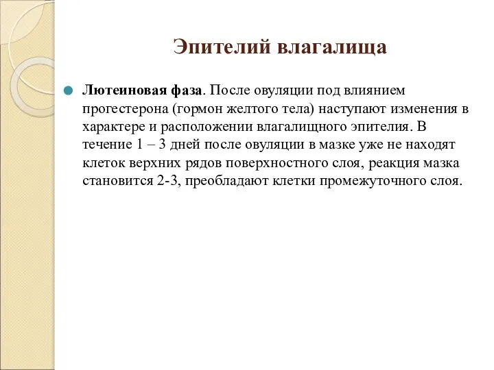 Эпителий влагалища Лютеиновая фаза. После овуляции под влиянием прогестерона (гормон желтого тела)