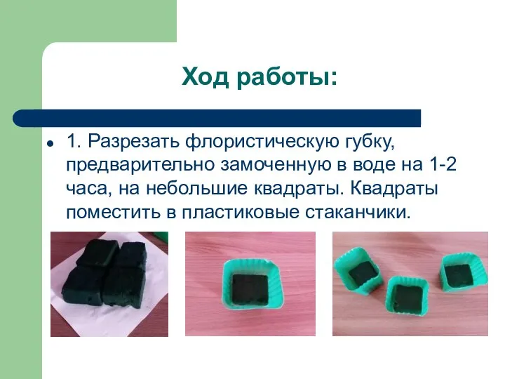 Ход работы: 1. Разрезать флористическую губку, предварительно замоченную в воде на 1-2