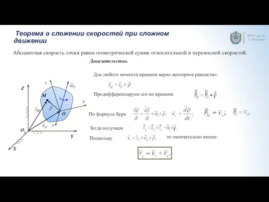 Теорема о сложении скоростей при сложном движении МГТУ им. Н.Э. Баумана Для