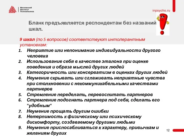 9 шкал (по 5 вопросов) соответствуют интолерантным установкам: Неприятие или непонимание индивидуальности