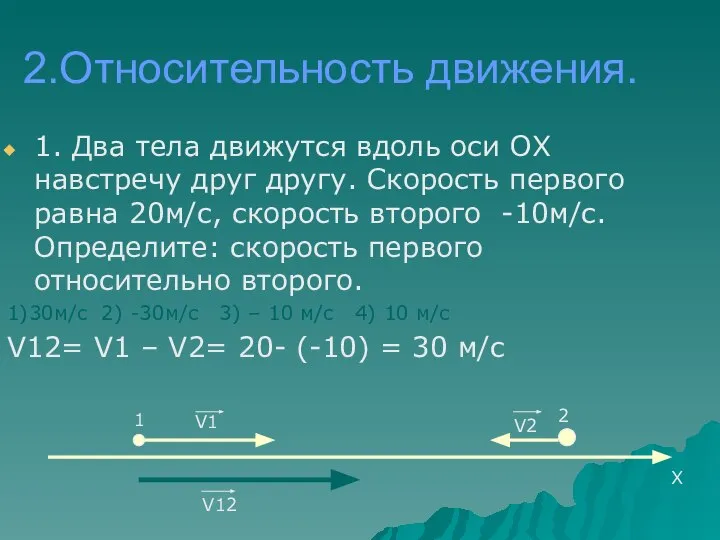 2.Относительность движения. 1. Два тела движутся вдоль оси ОХ навстречу друг другу.