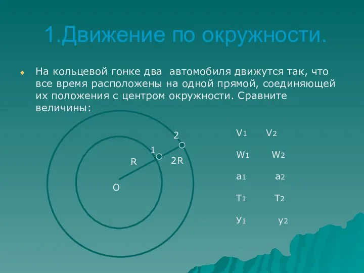 1.Движение по окружности. На кольцевой гонке два автомобиля движутся так, что все