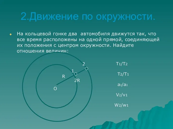 2.Движение по окружности. На кольцевой гонке два автомобиля движутся так, что все