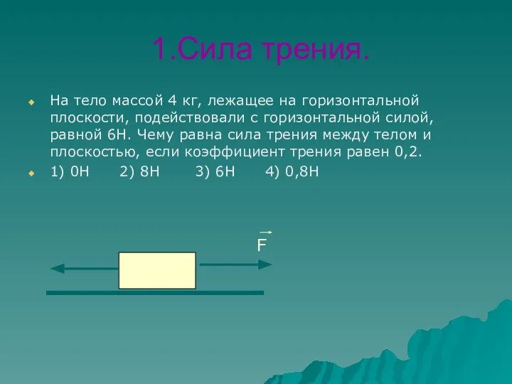 1.Сила трения. На тело массой 4 кг, лежащее на горизонтальной плоскости, подействовали