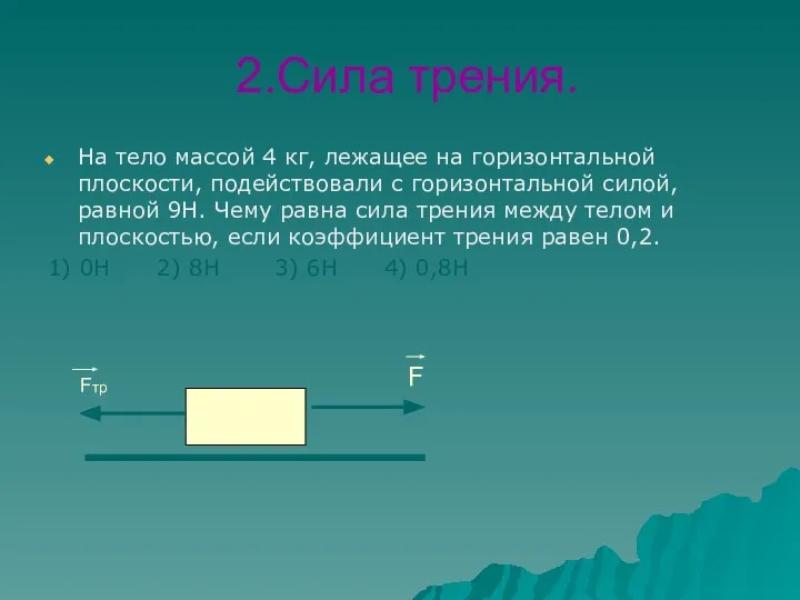 2.Сила трения. На тело массой 4 кг, лежащее на горизонтальной плоскости, подействовали