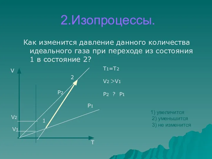 2.Изопроцессы. Как изменится давление данного количества идеального газа при переходе из состояния