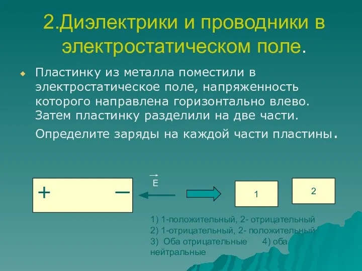 2.Диэлектрики и проводники в электростатическом поле. Пластинку из металла поместили в электростатическое