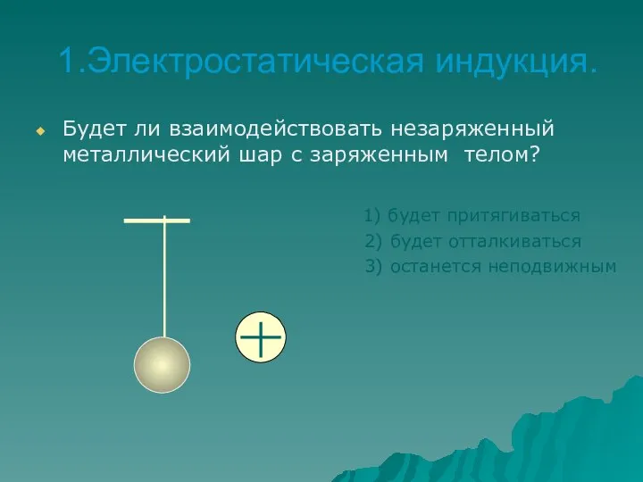 1.Электростатическая индукция. Будет ли взаимодействовать незаряженный металлический шар с заряженным телом? 1)