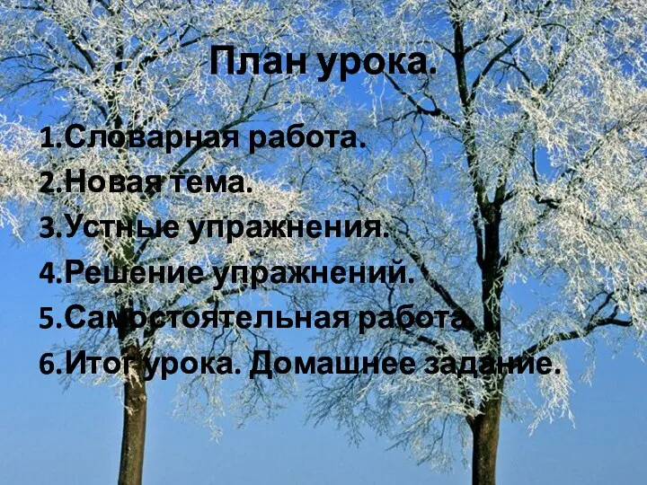 План урока. 1.Словарная работа. 2.Новая тема. 3.Устные упражнения. 4.Решение упражнений. 5.Самостоятельная работа. 6.Итог урока. Домашнее задание.