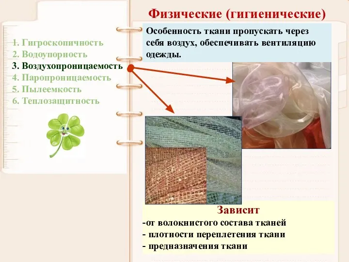 Физические (гигиенические) Зависит от волокнистого состава тканей плотности переплетения ткани предназначения ткани