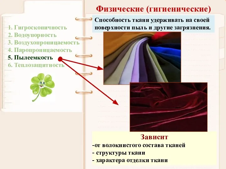 Физические (гигиенические) Зависит от волокнистого состава тканей структуры ткани характера отделки ткани